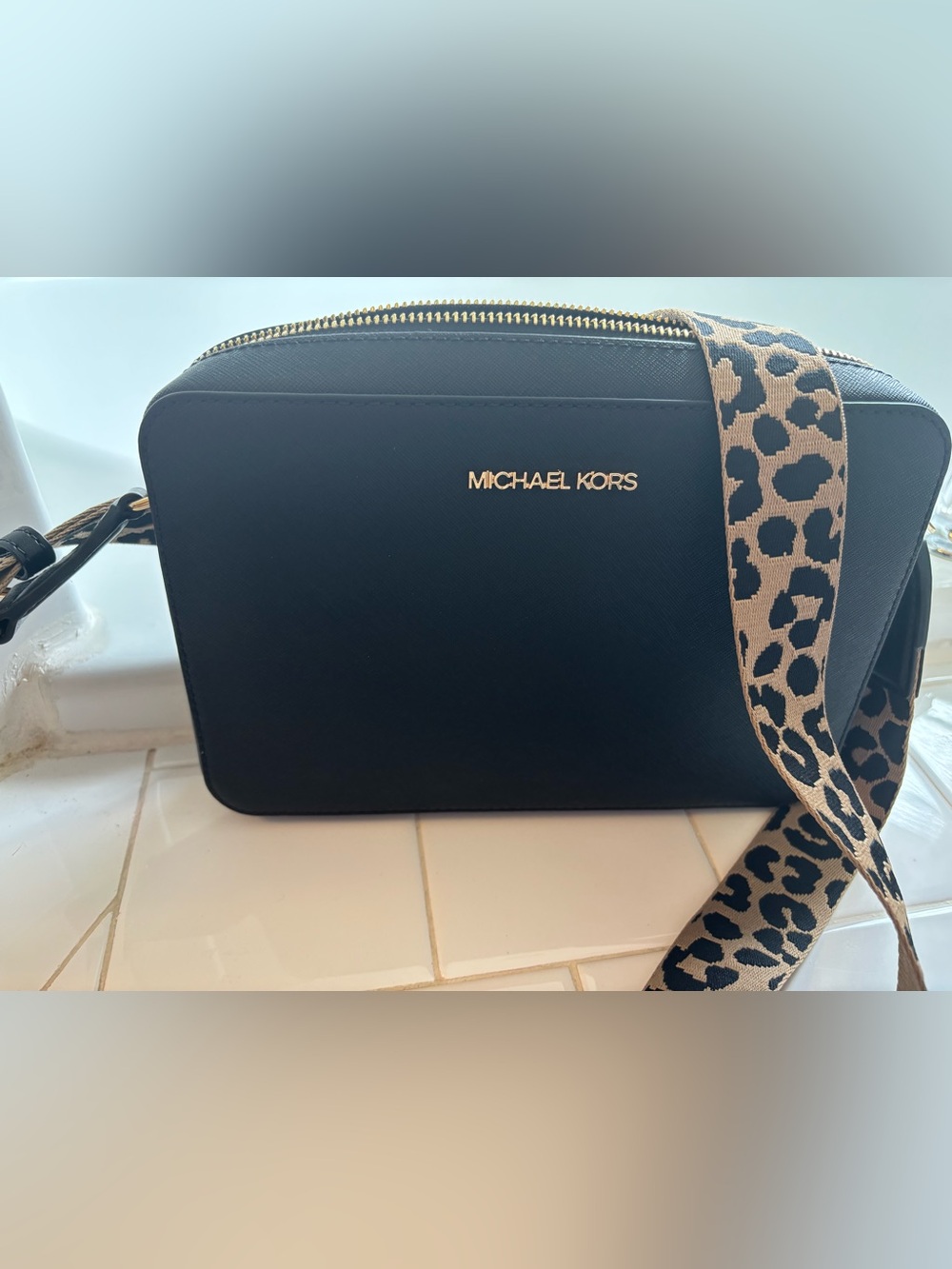 Black Textured Crossbody Bag with Leopard Strap